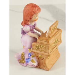 Girl Playing Piano Figurine 3 3/4" Ceramic 70s Lilac Dress Musician Red Hair Vtg